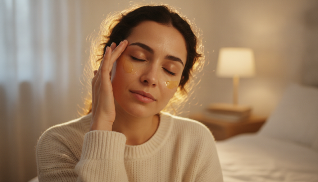 A woman gently massaging a small amount of golden oil onto her clean face before bedtime with a soft warm glow around he