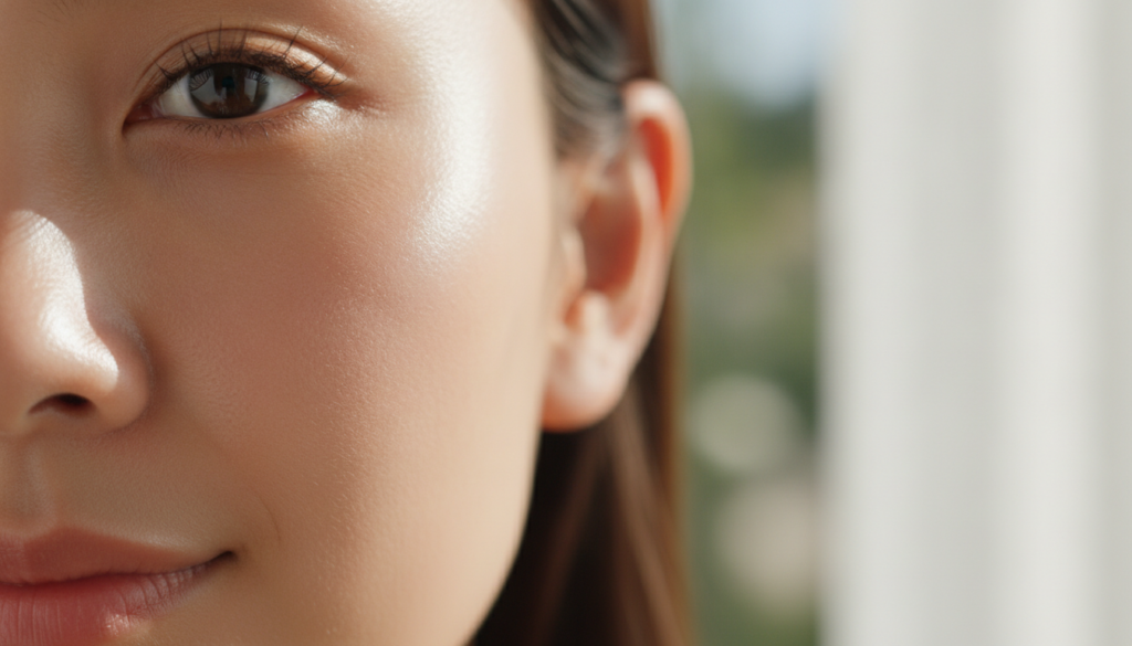 A close-up of healthy radiant skin on a woman s face showing a subtle glow and even tone