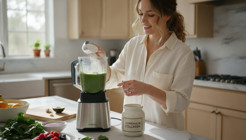 A woman adding a scoop of homemade collagen powder to her morning smoothie showing a practical application