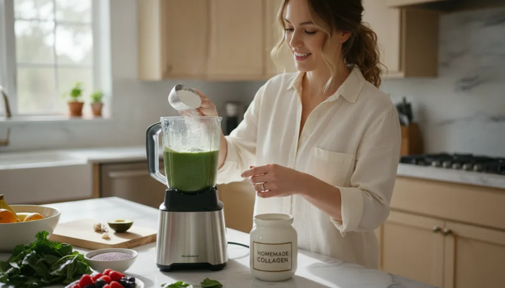 A woman adding a scoop of homemade collagen powder to her morning smoothie showing a practical application