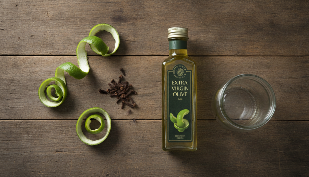 A flat lay image showing the ingredients for the DIY melasma oil fresh lime peels whole cloves and a bottle of carrier o