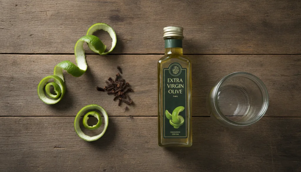 A flat lay image showing the ingredients for the DIY melasma oil fresh lime peels whole cloves and a bottle of carrier o