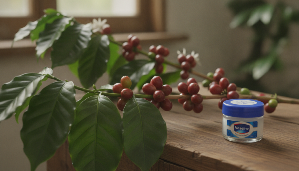 Close-up of a coffee plant showing its beans and a jar of petroleum jelly Vaseline next to it illustrating the key ingre