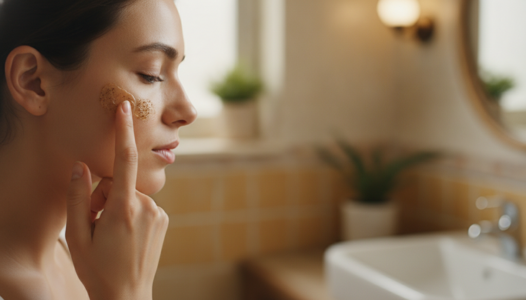 A woman s hand gently applying the Vaseline and coffee mixture to her cheek demonstrating the application process