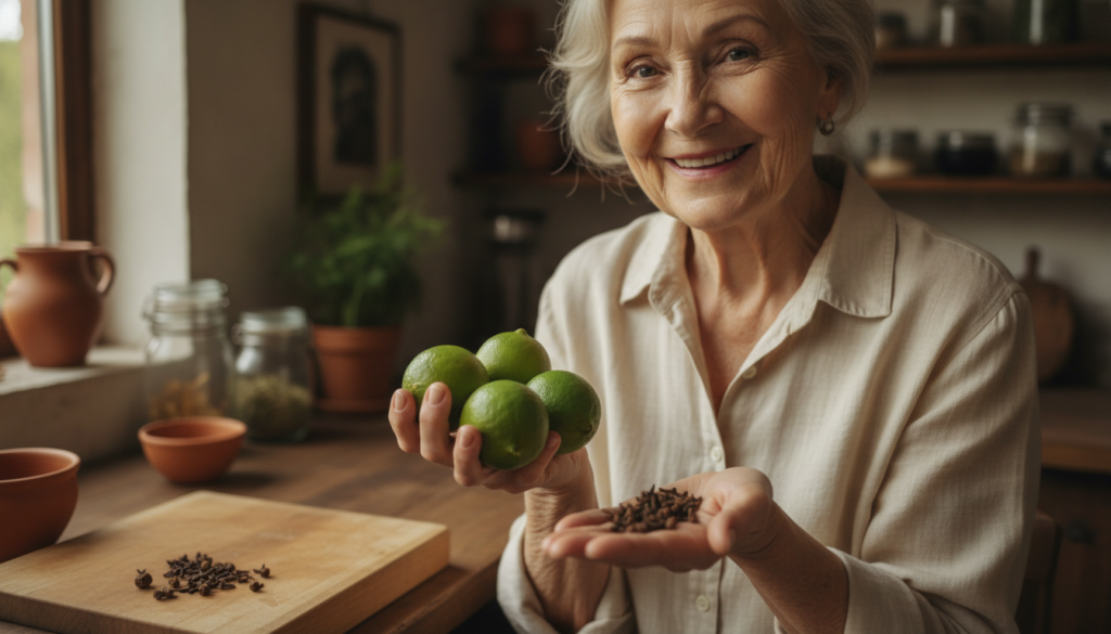 A warm inviting image of a smiling grandmother with glowing clear skin gently holding natural ingredients like limes and