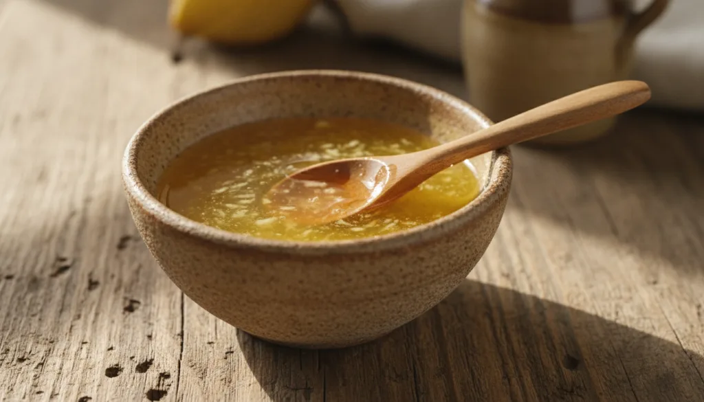 Close-up of a bowl containing a mixture of honey and lemon with a small spoon on a rustic wooden surface
