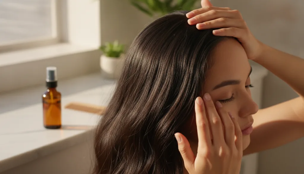 A woman gently massaging a natural tonic into her scalp with a small spray bottle nearby demonstrating hair application