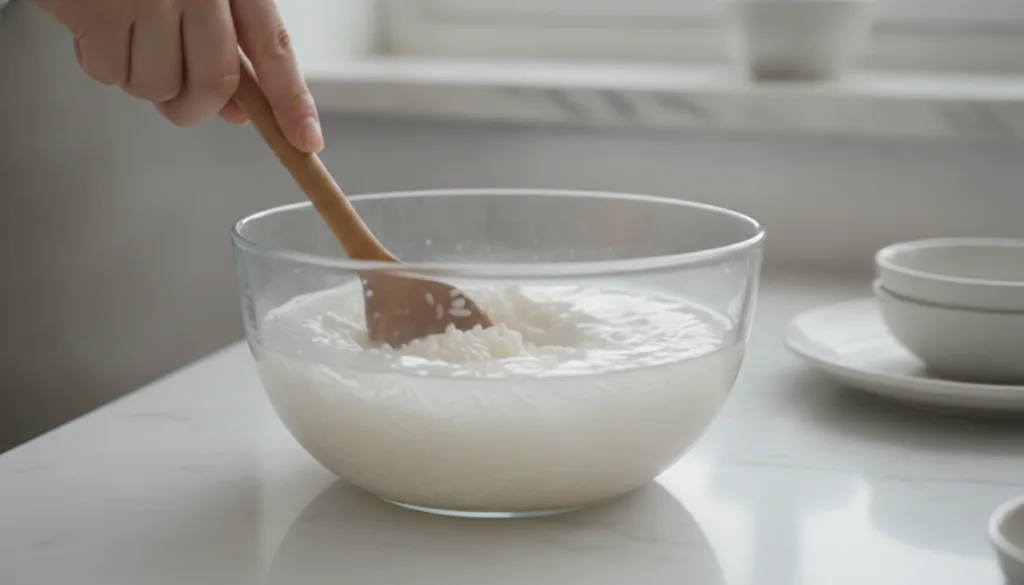A close-up shot of uncooked white rice soaking in a clear glass bowl of water with the water looking cloudy A hand is ge