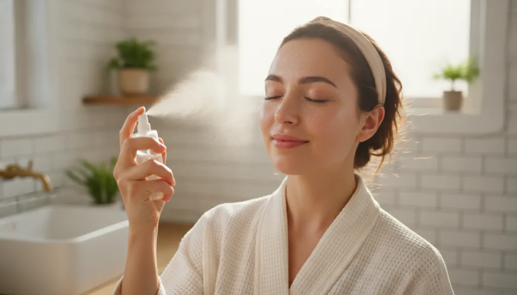 A person gently spraying a DIY rice water toner onto their face with a small spray bottle with their eyes closed and a s