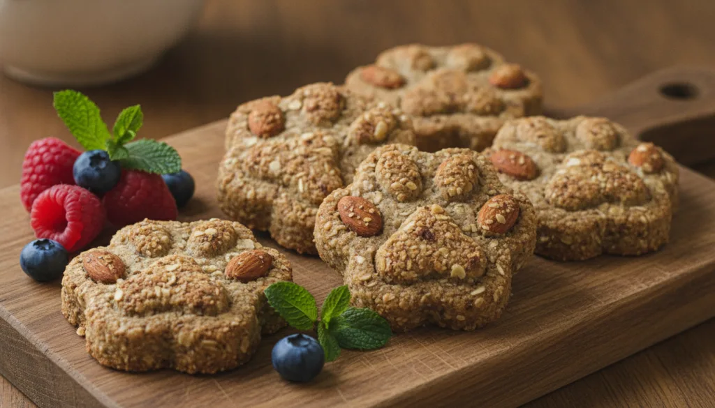A close-up shot of a variety of artistically arranged paw-print shaped vegan cookies or energy bites on a rustic wooden 