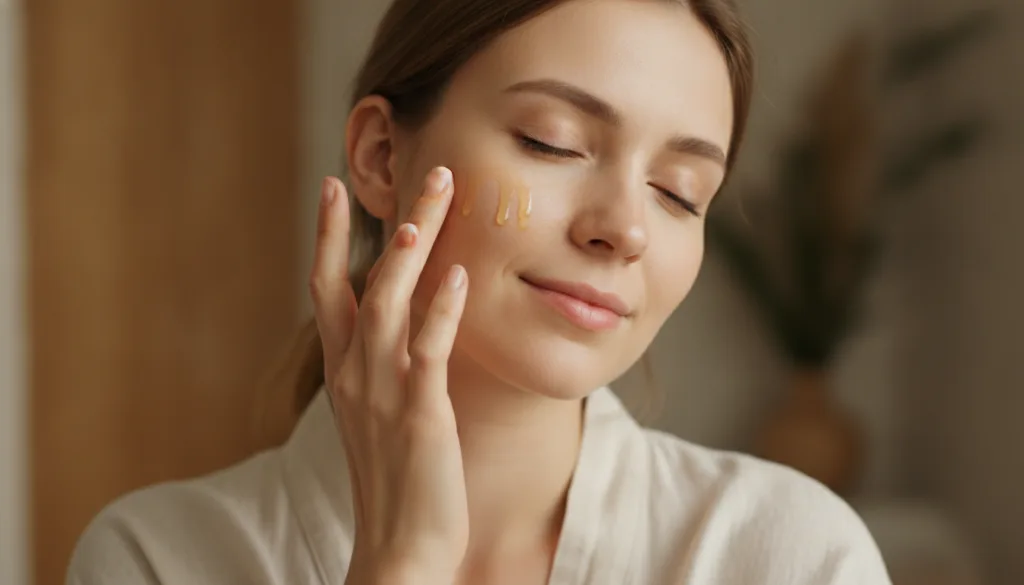 A close-up of a woman gently applying a few drops of homemade facial oil to her cheek with her fingertips her eyes close