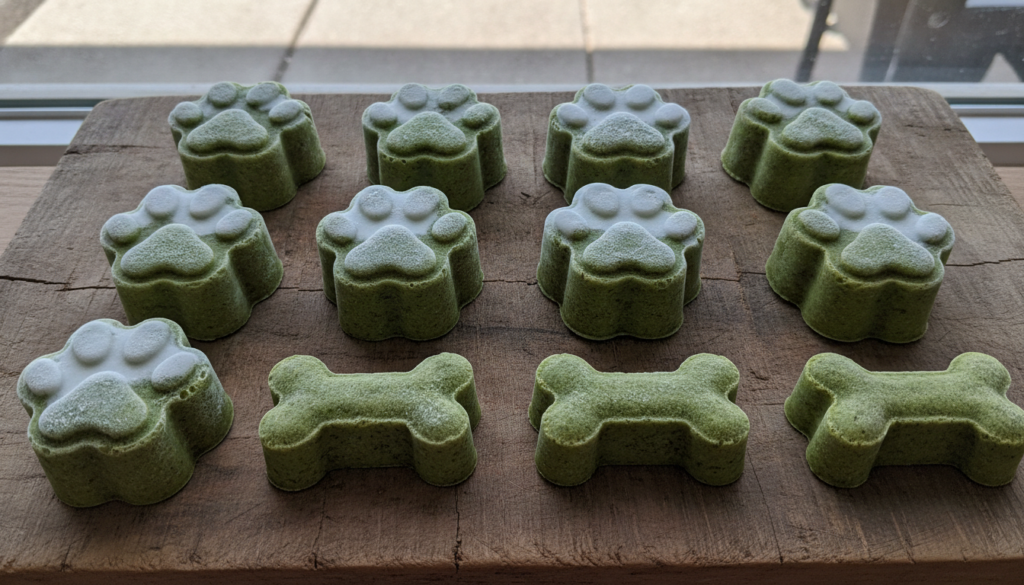 Freshly made green pupsicles in paw or bone shapes some with a white top layer arranged appealingly