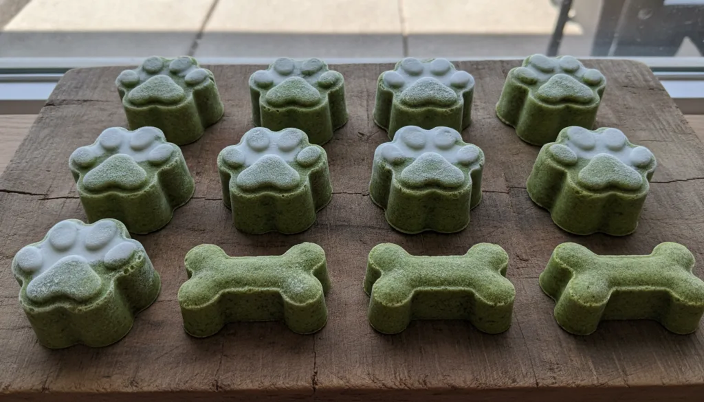 Freshly made green pupsicles in paw or bone shapes some with a white top layer arranged appealingly