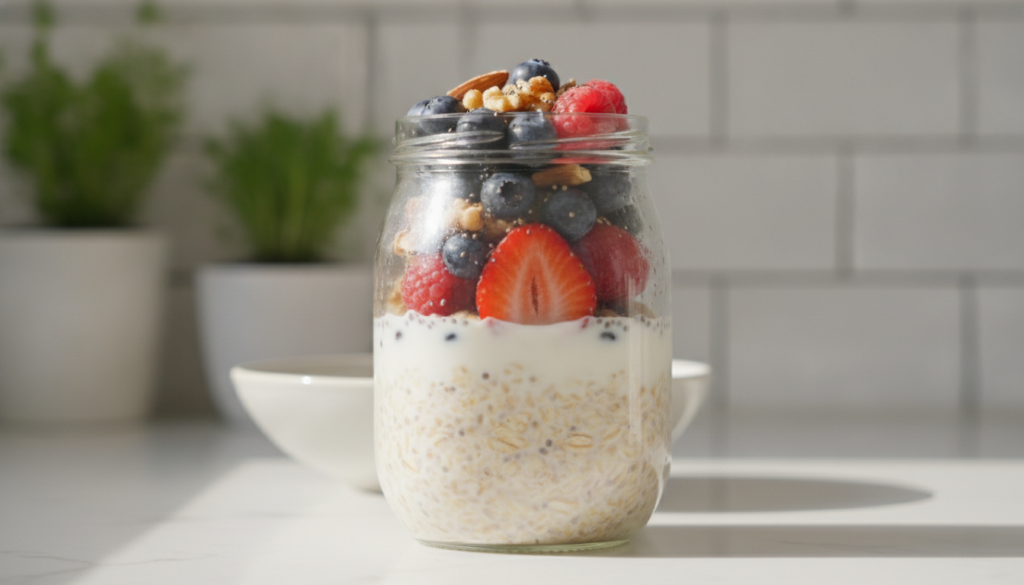A perfectly prepared jar of overnight oats with visible layers of oats milk and fresh toppings like berries and nuts rea