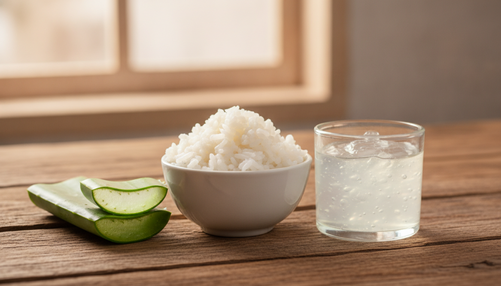 Ingredients for homemade rice cream laid out a small bowl of cooked white rice a freshly cut aloe vera leaf and a small