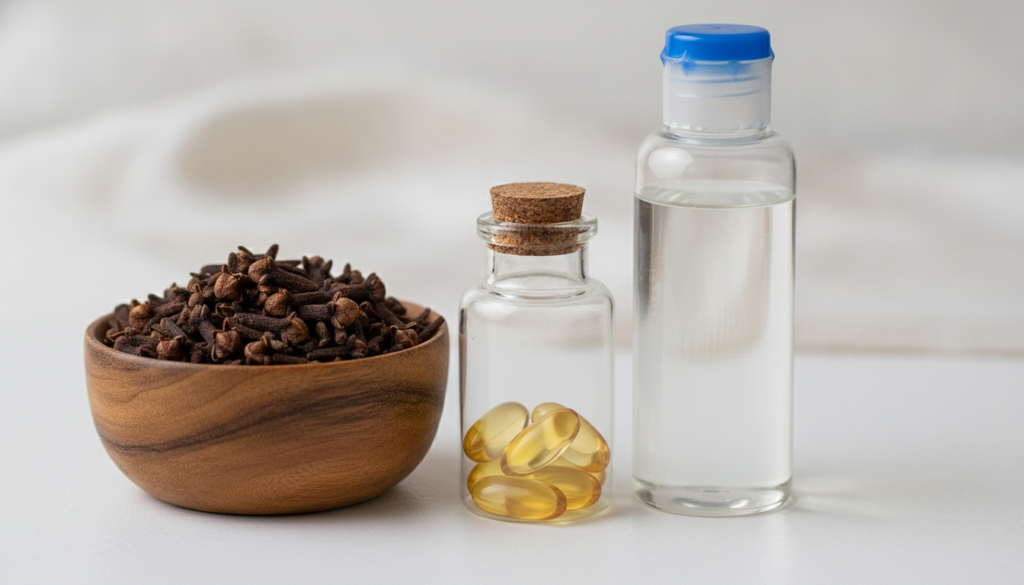 Close-up of a small bowl filled with dried cloves next to an open bottle of vitamin E capsules and a clear bottle of bab