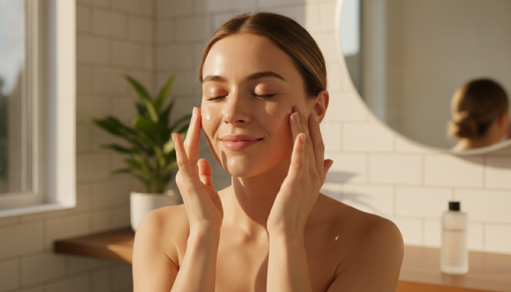 A woman gently massaging the DIY Botox Oil onto her face in a circular motion with a serene expression Her skin looks so
