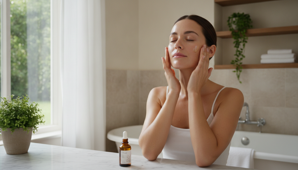A woman gently massaging a natural face oil into her clean skin with a soft glowing complexion in a bright inviting bath