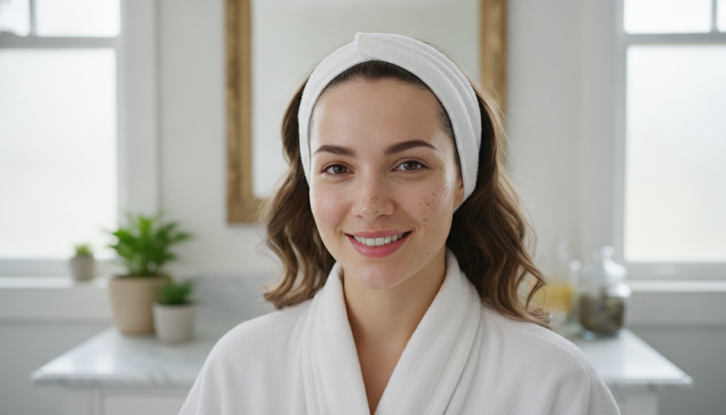 A woman with clean radiant skin after removing a face mask looking refreshed and happy