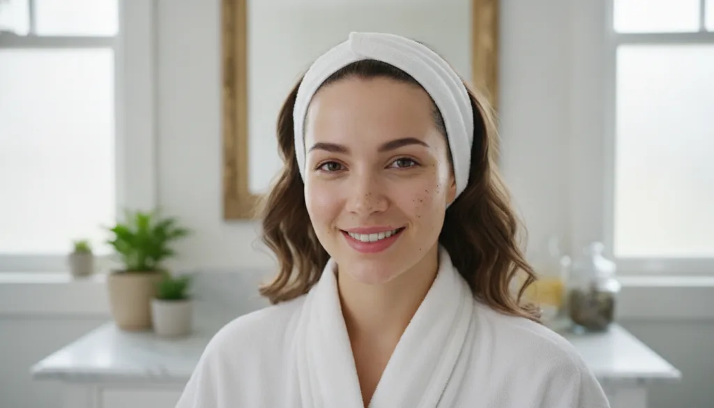 A woman with clean radiant skin after removing a face mask looking refreshed and happy