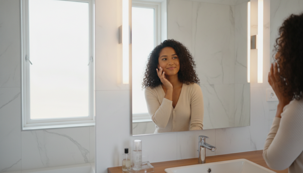 A smiling woman looking at her reflection in a mirror touching her smooth glowing cheek post-skincare routine