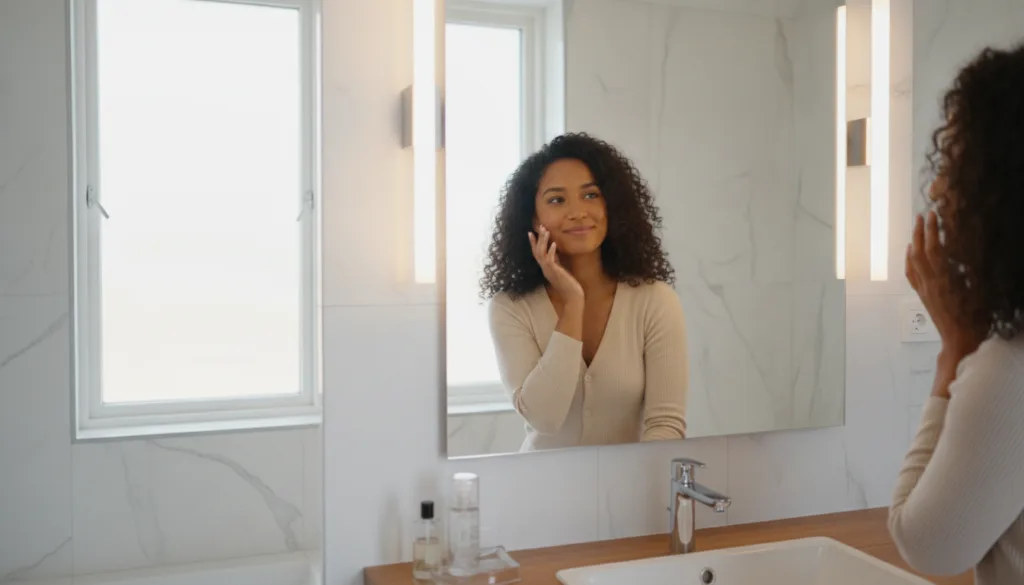 A smiling woman looking at her reflection in a mirror touching her smooth glowing cheek post-skincare routine