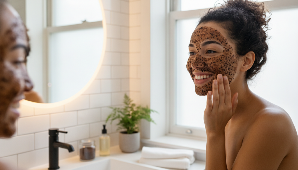 A woman applying a coffee and baby oil face mask to her clean face looking in a mirror with a happy expression