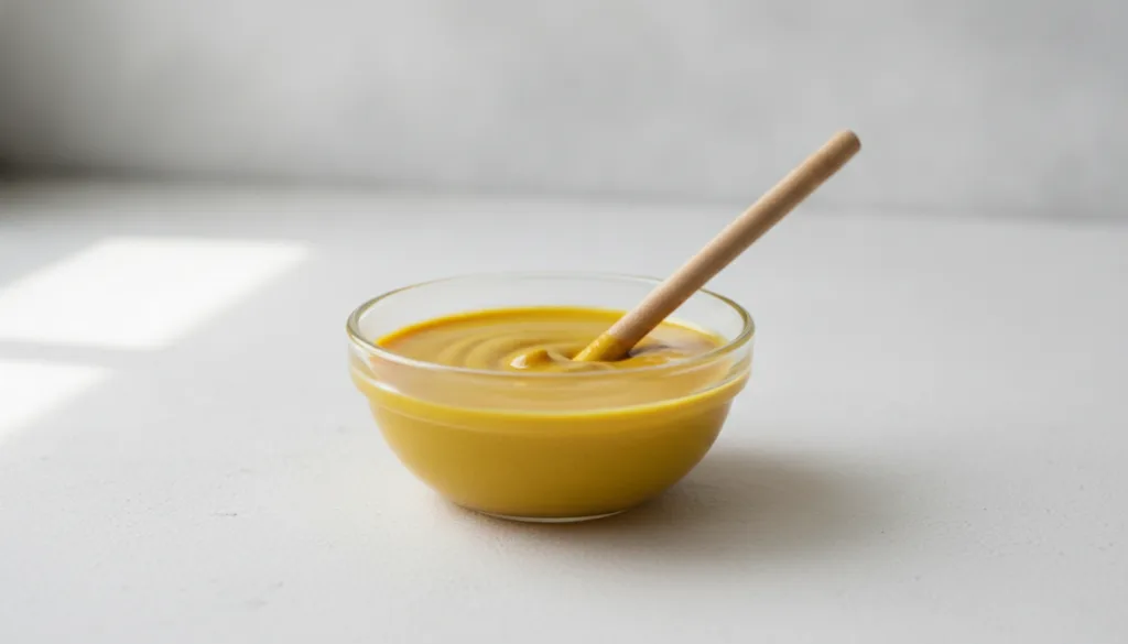 A small clear glass bowl with a golden yellow turmeric and baby oil mixture ready to be applied set on a clean light-col