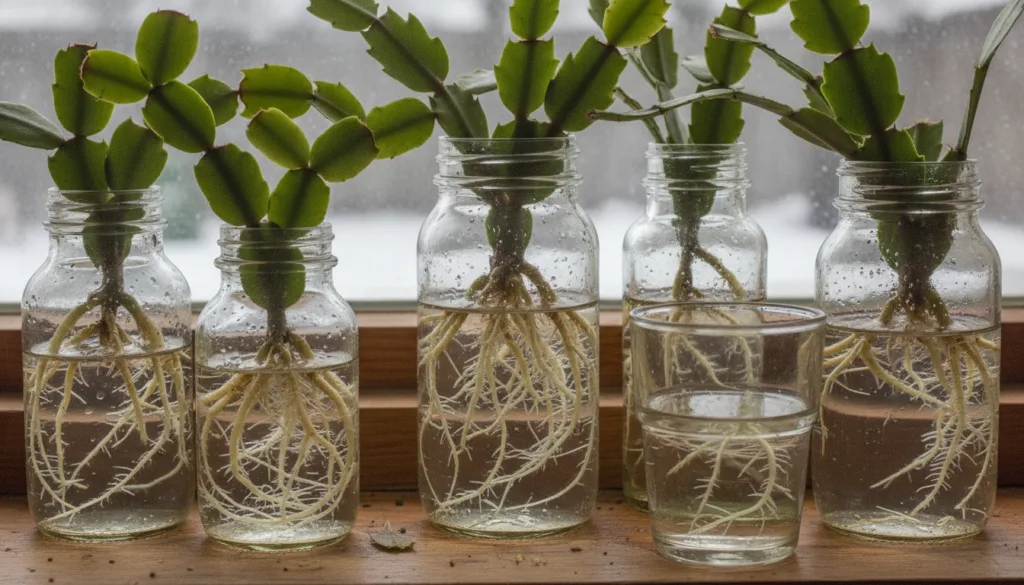 Christmas cactus cuttings with visible white roots growing in small glass jars of water