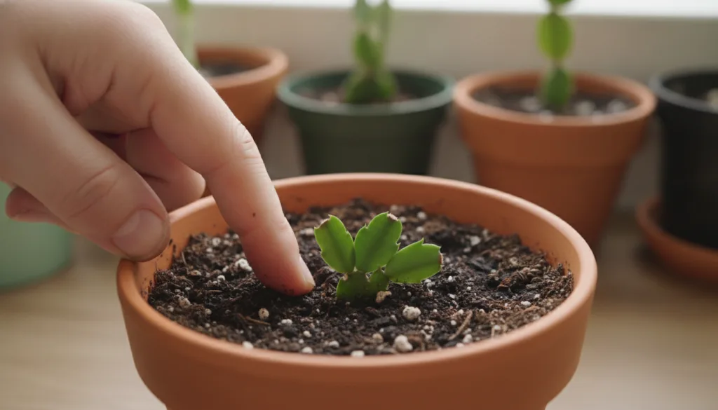 A gardener inspecting a freshly potted Christmas cactus cutting checking soil moisture with a finger