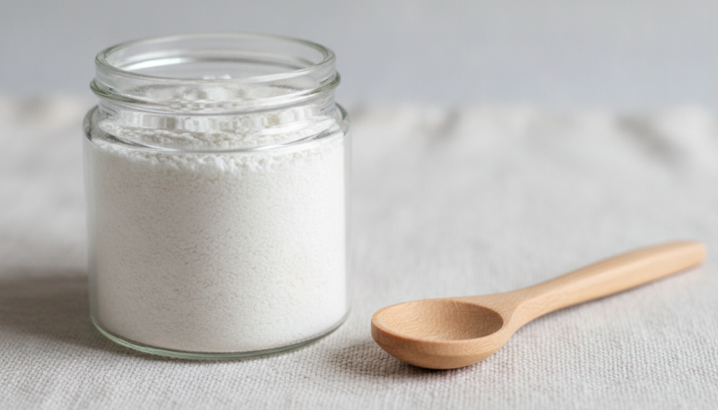 A close-up of finely ground white eggshell powder in a small glass jar with a tiny spoon indicating a prepared natural s