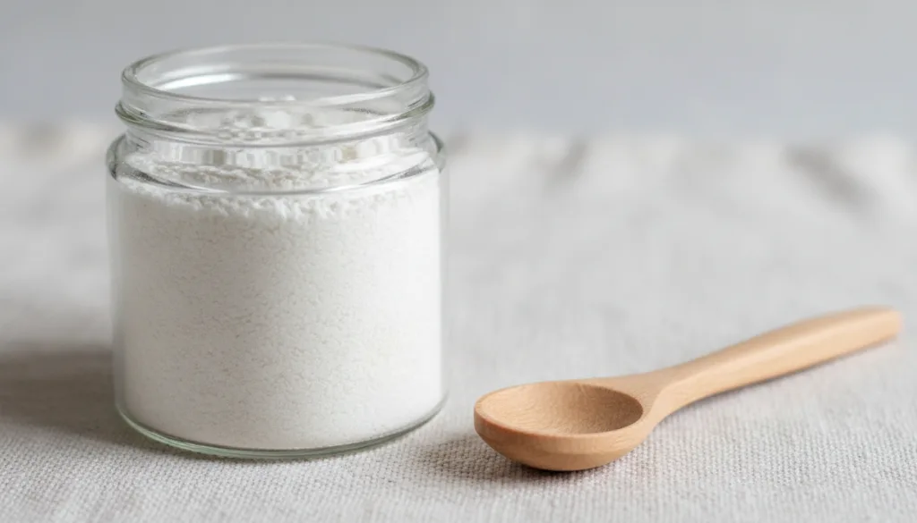 A close-up of finely ground white eggshell powder in a small glass jar with a tiny spoon indicating a prepared natural s