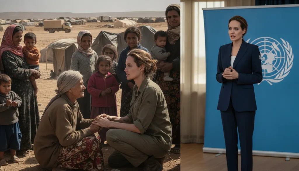 Angelina Jolie visiting a refugee camp or in a diplomatic setting representing her humanitarian work