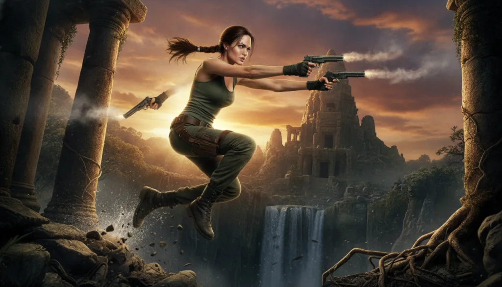 Angelina Jolie as Lara Croft in Tomb Raider in action pose