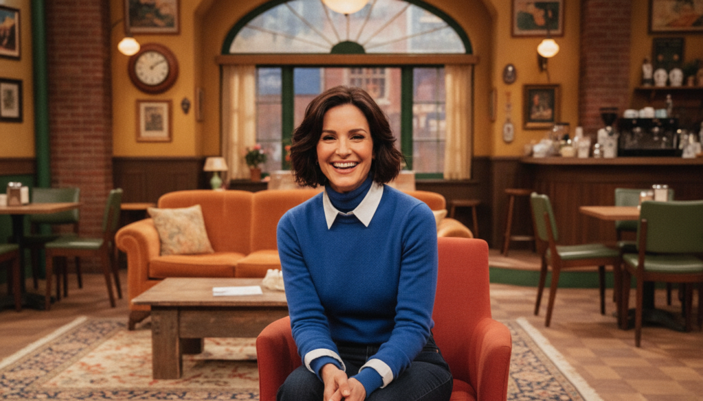 A still of Courtney Cox as Monica Geller from the TV show Friends perhaps in the iconic Central Perk setting