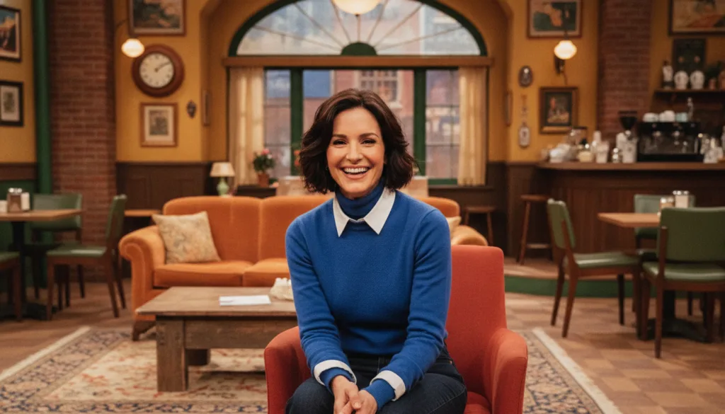 A still of Courtney Cox as Monica Geller from the TV show Friends perhaps in the iconic Central Perk setting