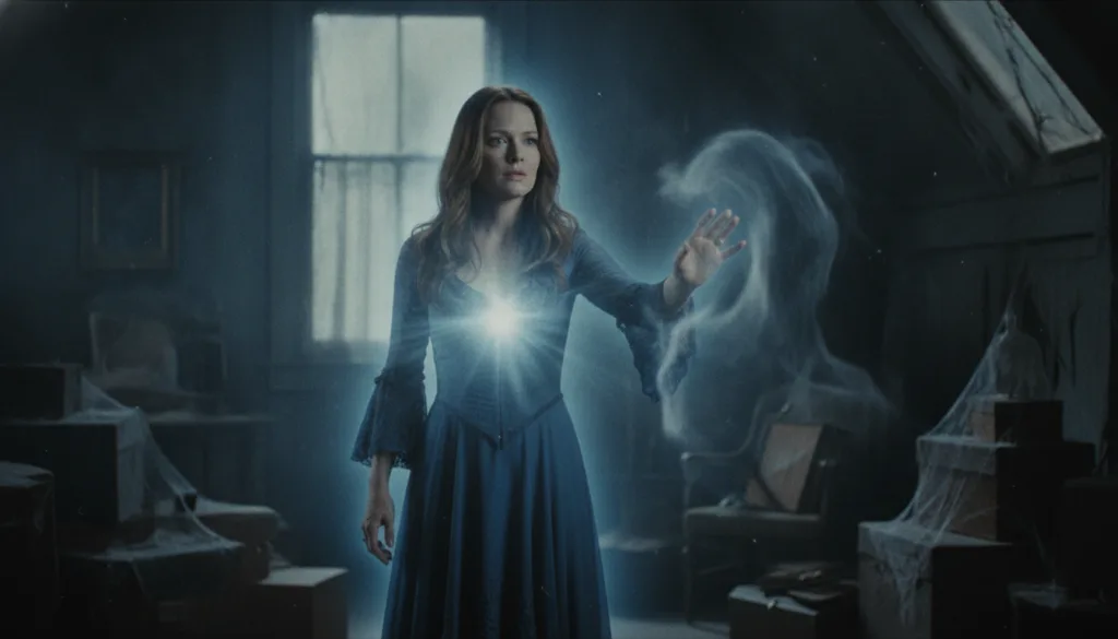 A real film still or promotional image from Jennifer Love Hewitt s TV series Ghost Whisperer showing her in a characteri