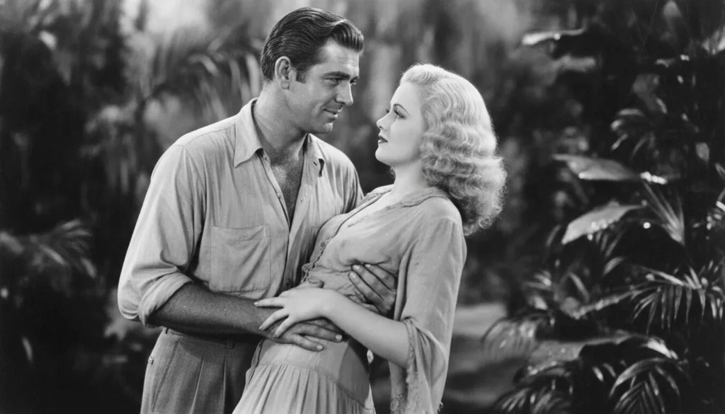 Jean Harlow and Clark Gable in a still from the movie Red Dust set in a humid tropical environment showing their classic
