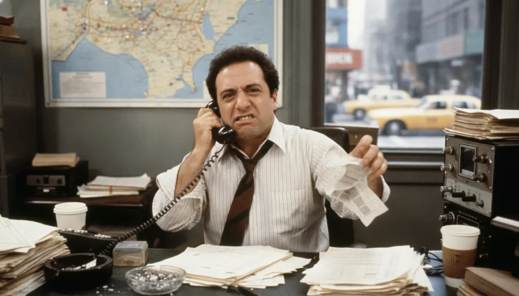 Young Danny DeVito as Louie De Palma in the TV show Taxi seated at a dispatch desk
