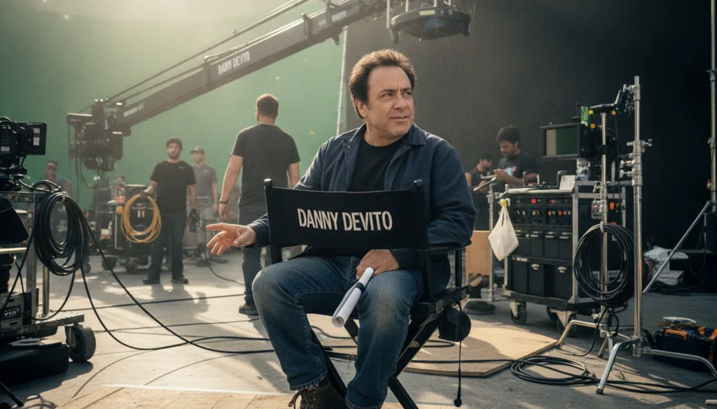 Danny DeVito sitting in a director s chair on a film set looking focused