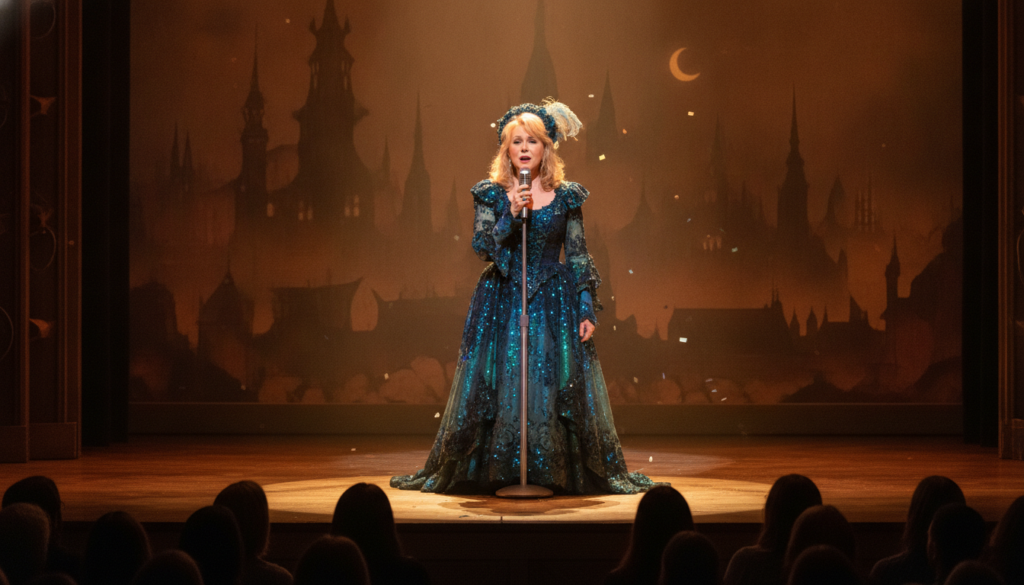 Bernadette Peters performing on a Broadway stage perhaps as Annie Oakley in Annie Get Your Gun