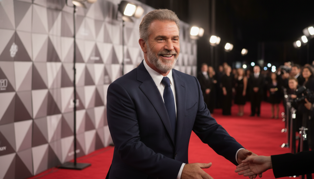 Mel Gibson at a film premiere in recent years smiling and engaging with fans or media showcasing his enduring presence i