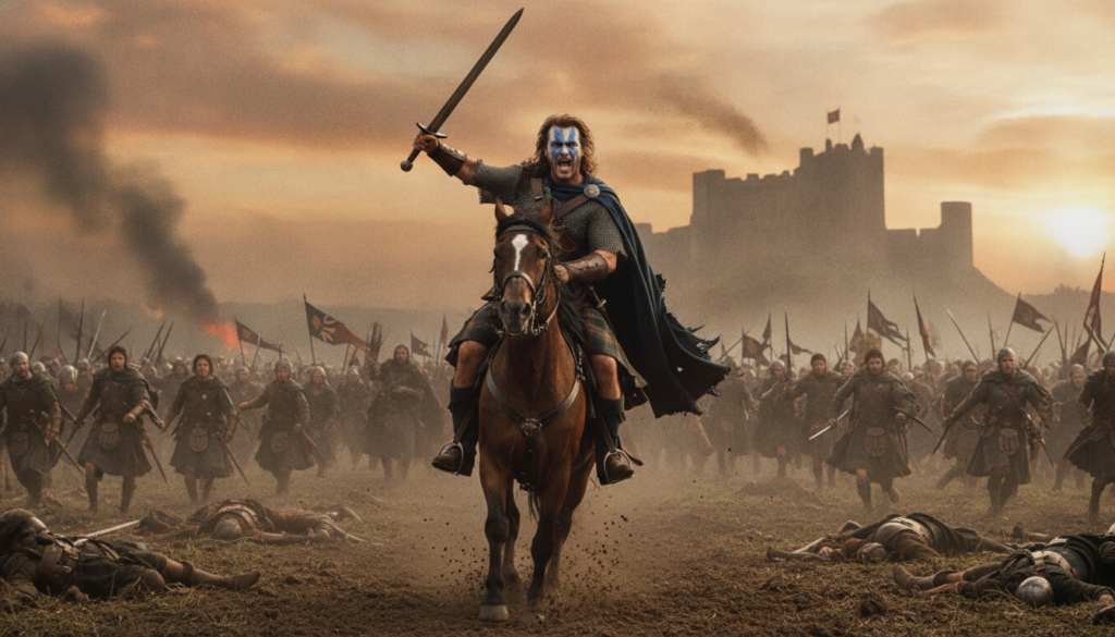 Mel Gibson in a key scene from Braveheart wearing Scottish attire and leading a charge with a determined expression
