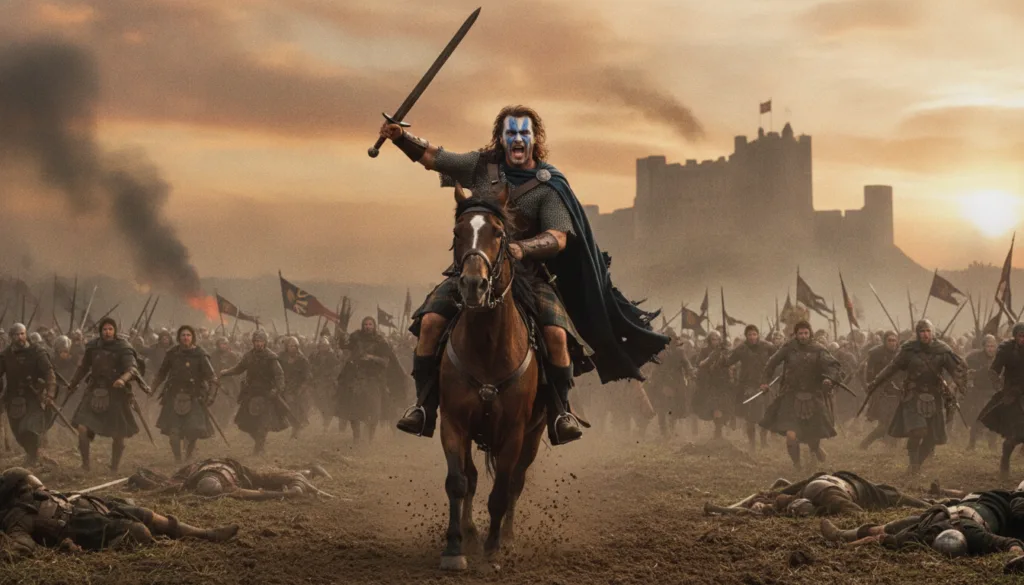 Mel Gibson in a key scene from Braveheart wearing Scottish attire and leading a charge with a determined expression