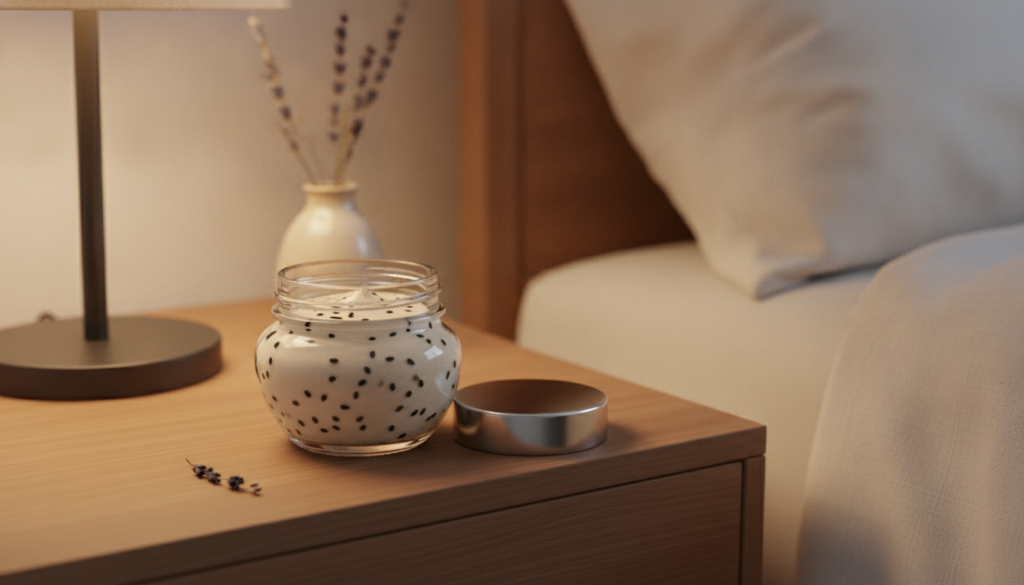 A small glass jar filled with the finished DIY youthful skin cream ready for use on a nightstand