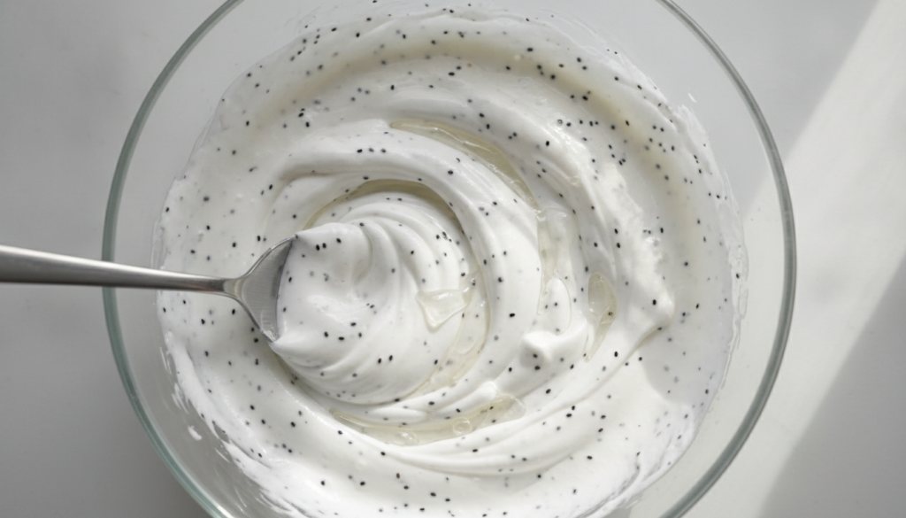 A close-up of a glass bowl with white cream being stirred showing Vaseline baby oil and ground black sesame seeds mixed 