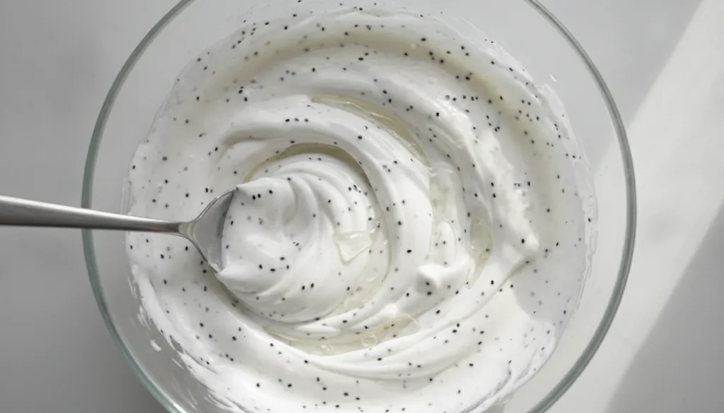 A close-up of a glass bowl with white cream being stirred showing Vaseline baby oil and ground black sesame seeds mixed 