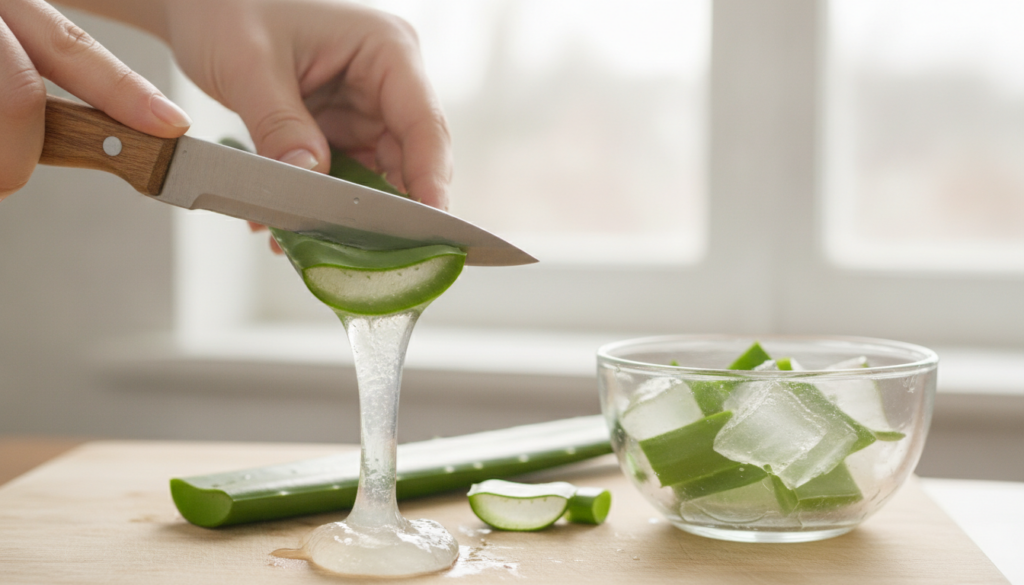 A close-up of an aloe vera leaf being cut to extract the clear gel with a small bowl of fresh aloe vera gel in the backg