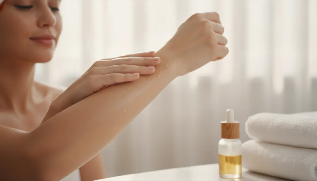 A woman gently massaging oil onto her arm focusing on healthy glowing skin with soft natural light illuminating the scen