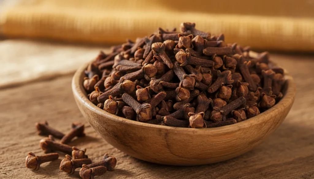 Close-up of a bowl filled with whole dried cloves highlighting their texture and rich brown color with a soft blur in th